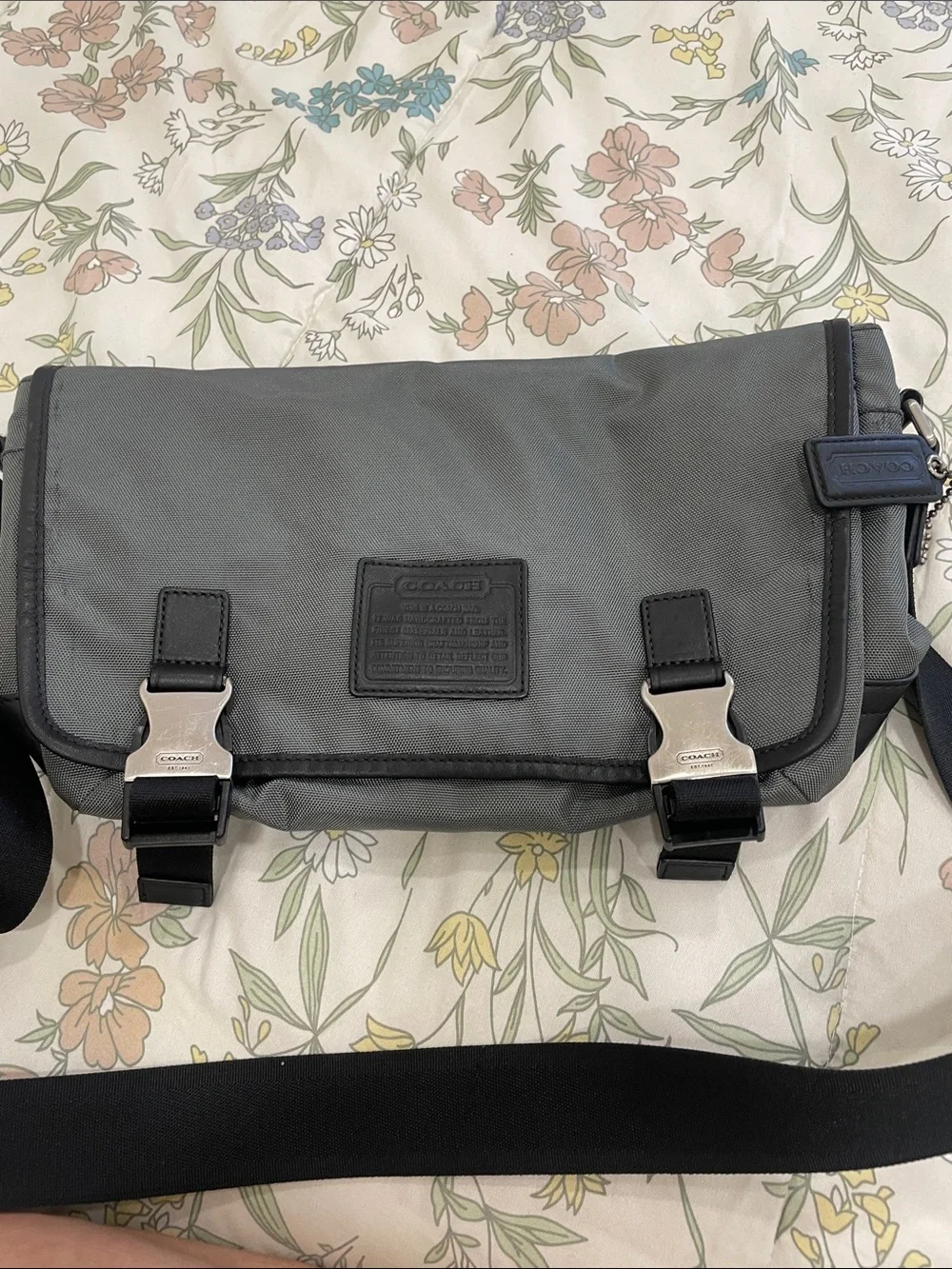 Coach Men's Gray Nylon Messenger Bag with Black Strap and Silver Buckles